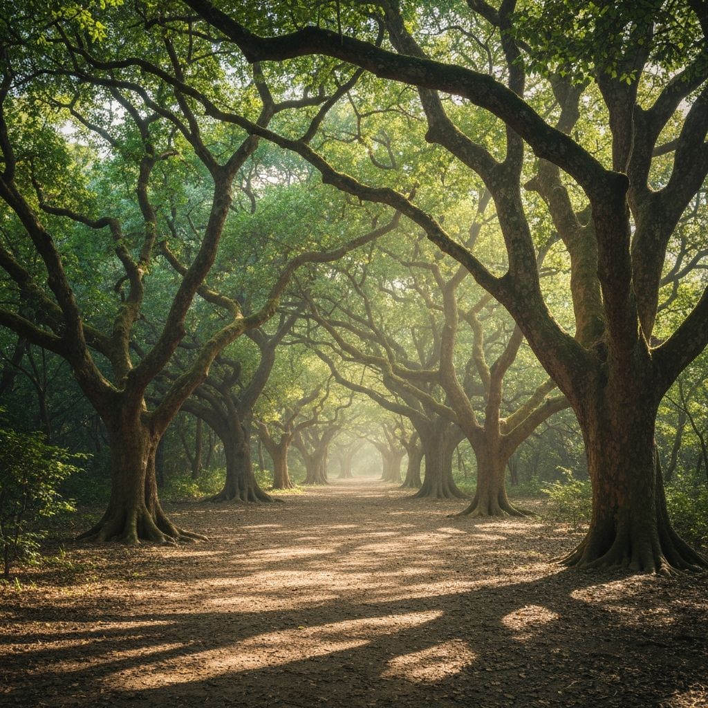 Мирна шумска путања са светлосним утицајима кроз дрвеће, природна пејзажна архитектура