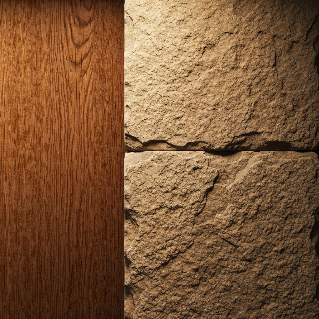 Детаљ природне текстуре дрвета и камена, топла музејска светлост