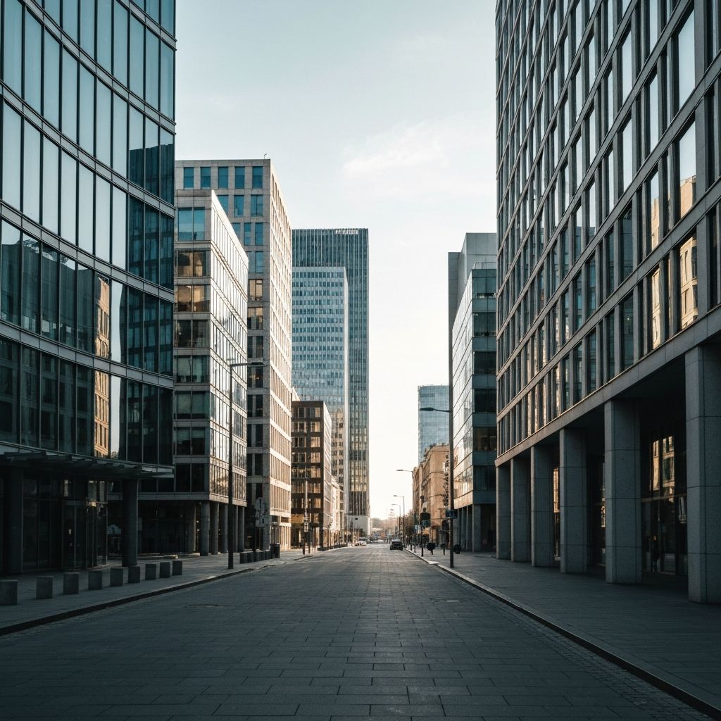 Мирна урбана архитектура са уравнотеженим модерним зградама, мирна улица